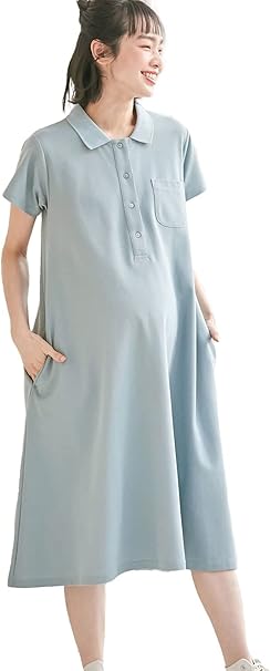 Amazon Co Jp Angeliebe エンジェリーベ マタニティ ワンピース 半袖 ポロ ワンピ ひざ下丈 Uv加工 産前 産後 授乳服 親子 コーデ 可 服 ファッション小物