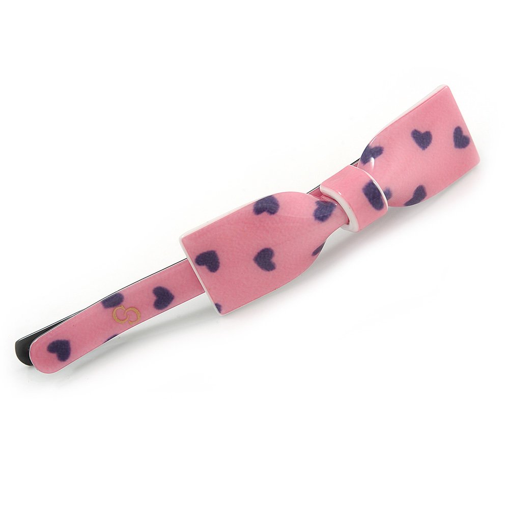 1Pcs Pink with Purple Hearts Acrylic Bow Hair Grip/Slide In Black Tone Metal - 65mm Across