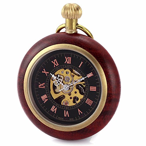 Carrie Hughes Steampunk Red Wood Copper Skeleton Mechanical Pocket Watch with Chain Gift (Red wood black dial)