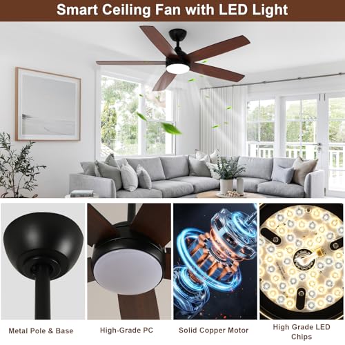 Dorlink Ceiling Fans with Lights and Remote, 52 Inch Flush Mount Ceiling Fan Light for Bedroom, Low Profile LED Ceiling Light with Fan, 6 Speeds Quiet DC Motor, Dimmable Reversible, Walnut/Black