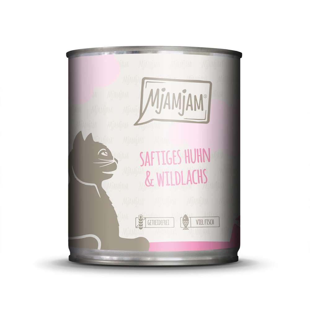MjAMjAM - premium wet food for cats - juicy chicken and wild salmon, pack of 6 (6 x 800 g), grain-free with extra meat