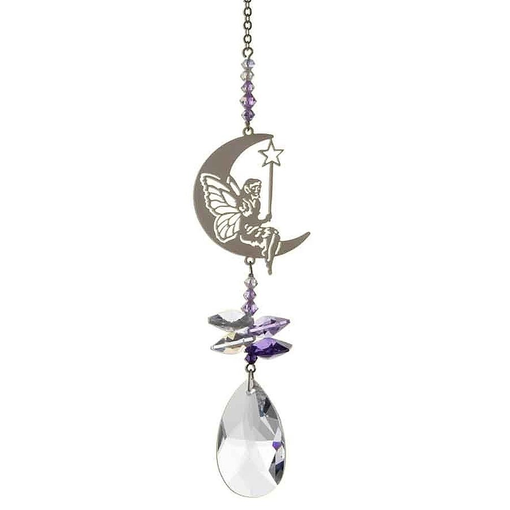 Crystal Fantasy Hanging Suncatcher/Rainbow Maker + 38mm Almond - FAIRY WITH WAND ON MOON - Embellished with Swarovski Crystals