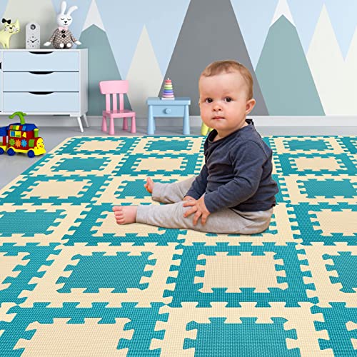 Yostrong® 18 Tiles Interlocking 2 Square Puzzle Foam Baby Play Mat with Straight Edges for Playing - EVA Babies Crawling Mat | Rubber Floor Work out Mats For Home Gym. Beige, Dark green. YO2S-JPb18S18