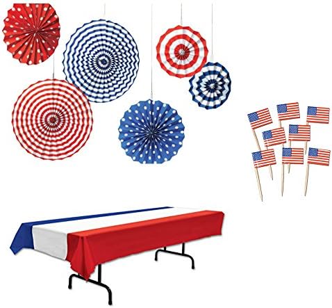 4th of July Decorations Bundle of 3 Items: Includes Red White Blue Tablecover ( 54-Inch by 108-Inch) Fourth of July Party Stars &amp; Stripes Hanging Fan Paper Decorations and US Flag Food Picks(50pcs)