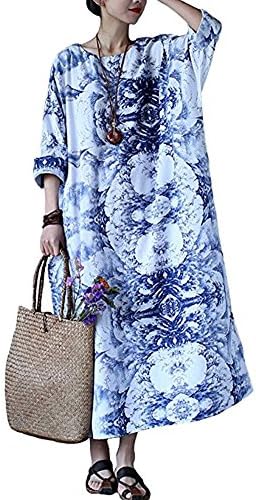 Modishou Women's Vintage Loose Floral Print Linen Dress with Pockets Blue