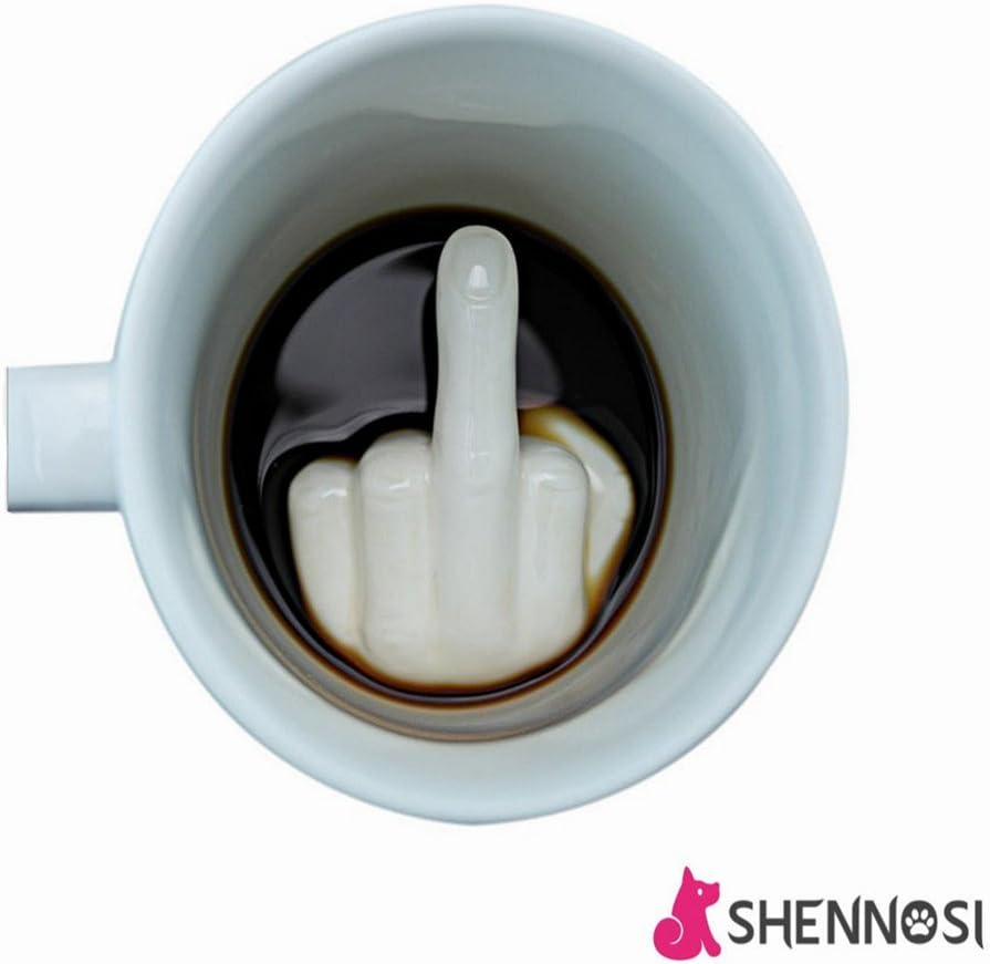 SHENNOSI “Up Yours” Thumbs Up! Middle Finger Ceramic Mug Funny with Hidden Coffee Milk Tea Cup (White)