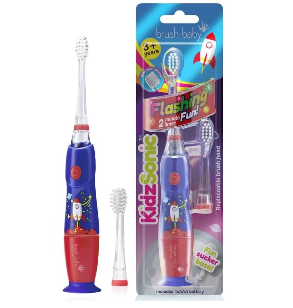 Brush-Baby - Rocket KidzSonic Kids Electric Toothbrush, 3+ Years - DeepClean Bristles, Suction Base - Fun Design with Flashing Disco Lights - 2 x Replacement Heads & 1 x AAA Battery