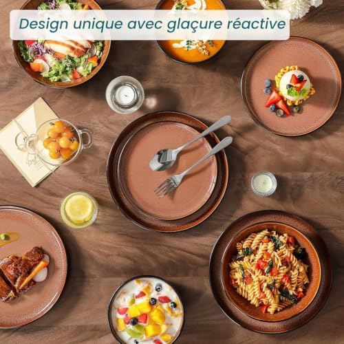 vancasso AMBER 6 Person Dinnerware Set, 24 Piece Stoneware Dinner Plates Set - Flat Plates, Dessert Plates, Pasta Bowls and Bowls - Microwave Safe - Red Glaze