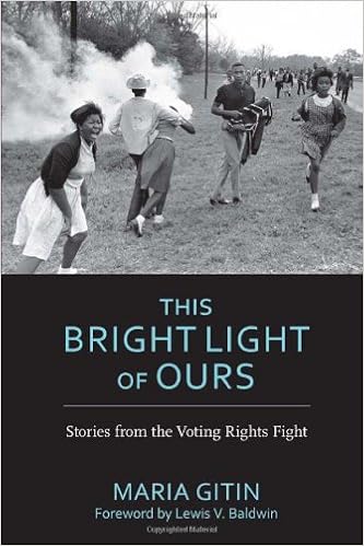 The cover of This Bright Light of Ours: Stories from the Voting Rights Fight. There is a black and white image of Black people outside, one is yelling, two are running in one direction and two are running in the other direction. There is a cloud of smoke in the back. 
