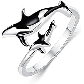 Shusukue Ocean Open Ring 925 Sterling Silver Orca/Killer Whale/Shark/Manta Ray Adjustable Ring Animal Lovers Jewelry Ocean Gift for Friend/Daughter/Mother, Size 7