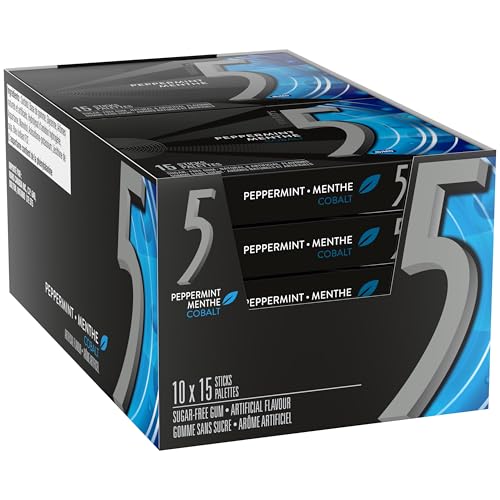5 GUM, Peppermint-Cobalt Flavoured Sugar Free Chewing Gum, 15 Sticks, 10 Packs