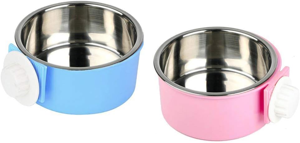 Xight 2X Crate Pet Bowls Hanging Pet Feeder Bowl Removable Stainless Steel Cage Hanging Water Food Bowl Dish with Bolt Holder for Pet Dog Cat Puppies Blue Pink Size Small