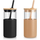 Tronco 16 oz Glass Tumbler with Lids and Straws, Reusable Iced Coffee Cups | Borosilicate Glass Cups with Bamboo Lid, Silicon
