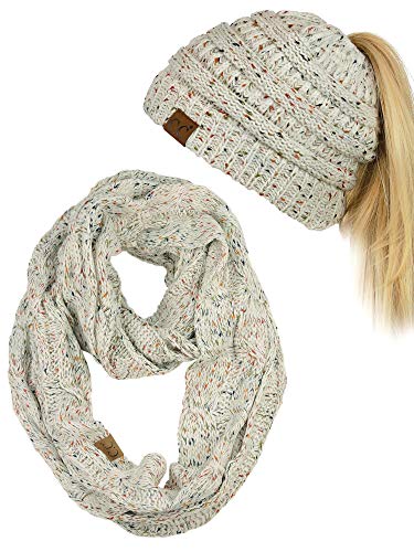 C.C Colorful Confetti BeanieTail Messy High Bun Cable Knit Beanie and Infinity Loop Scarf Set, Oatmeal