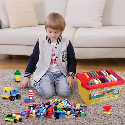 Burgkidz Premium Building Blocks Set: Storage Box with Baseplate Lid | 568-pcs set: 500 bricks/blocks, 14 shapes, 10 colors + wheels/doors/windows. Lid flips to baseplate. Compatible