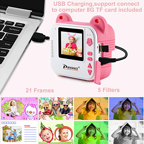 PROGRACE Instant Print Camera for Kids, Kids Instant Camera for Travel Learning Birthday Gift, Portable Digital Creative Print Camera for Girls Zero Ink Kids Camera Toy with Print Paper(Pink)