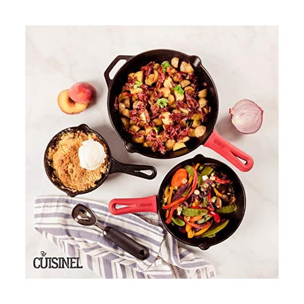 Cast-Iron-Skillet-Set-6810-1524cm2032cm254cm-3-Silicone-Handle-Holders-Pre-Seasoned-Oven-Safe-Cookware-IndoorOutdoor-Grill-Stove-Top-and-Induction-Safe cuisinel Cast Iron Skillet Set - 6"+8"+10" / 15.24cm+20.32cm+25.4cm + 3 Silicone Handle Holders - Pre-Seasoned Oven Safe Cookware - Indoor/Outdoor - Grill, Stove Top and Induction Safe