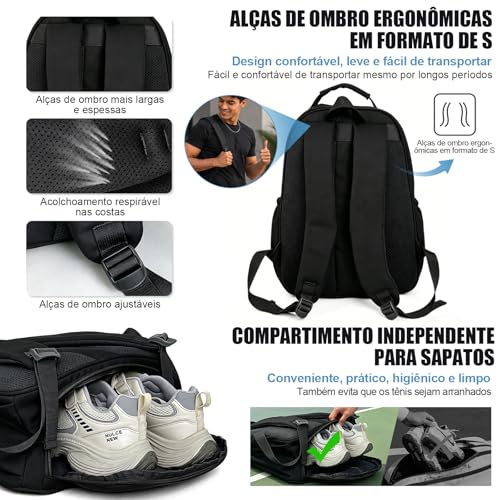 Mochila Academia Impermeável Grande para Tênis, Bolsa Esportiva com Compartimento para Sapatos, Ideal para Viagem, Pickleball, Badminton, Fitness e Uso Diário