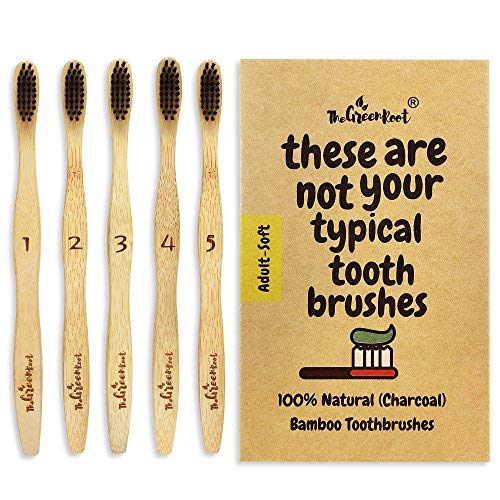 Natural Bamboo Charcoal Toothbrush For Adults W/BPA Free Nylon Bristles, Individually Numbered Pack of 4, Organic & Compostable toothbrushes, Plastic Free Packaging