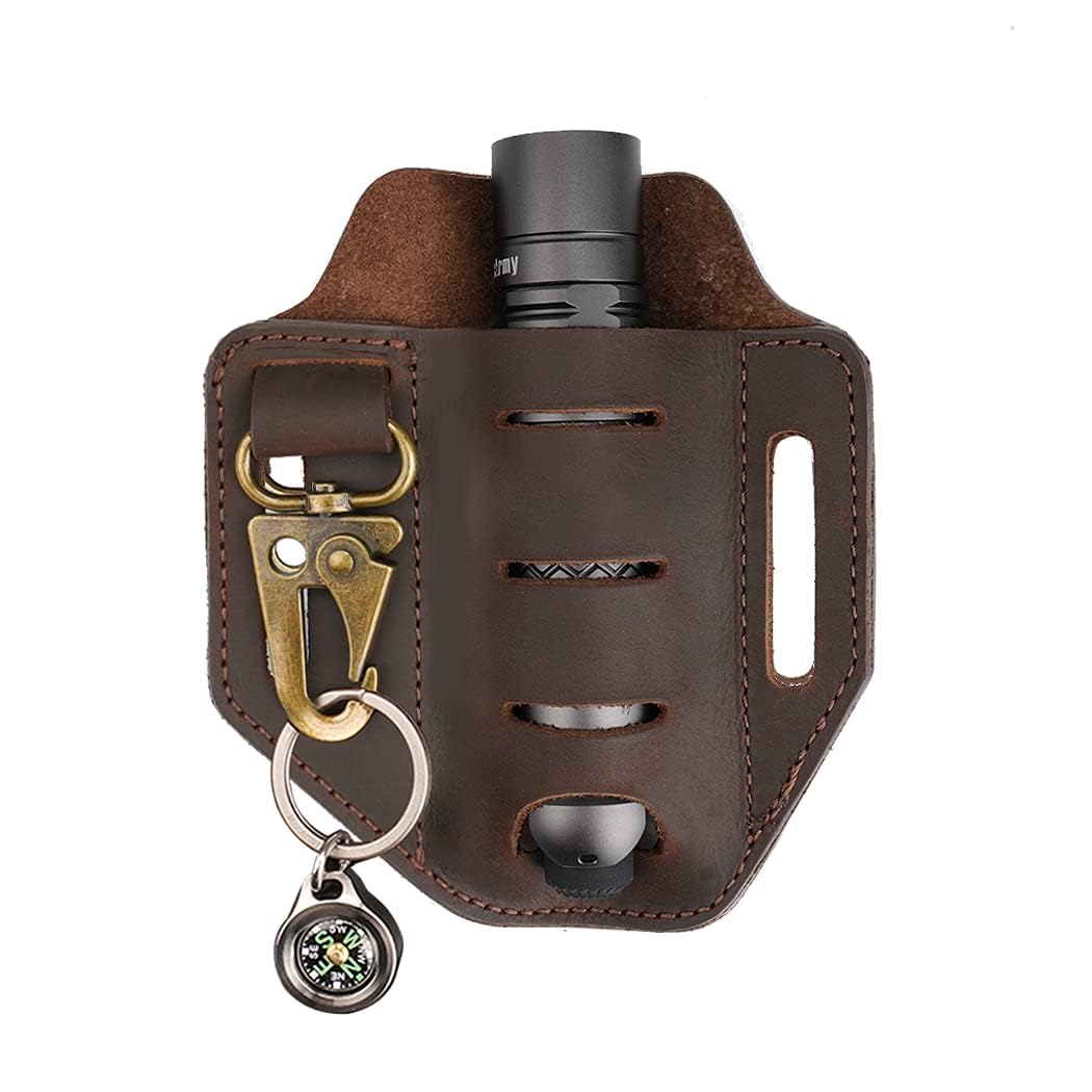 VIPERADE PJ9 Plus EDC Leather Sheath Belt Loop Pouch Organizer Holster Tool Holder One Pocket EDC Tool Sheath with MOLLE System Keychain for Knife/Flashlight/Tactical Pen/Tools EDC Gear (Brown)