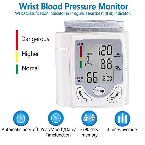 Wrist Blood Pressure Monitor, Digital BP Monitor with Memory Storage, Intelligent LCD Display Automatically Measure Pulse Diastolic Systolic and Shows Hypertension level (White)