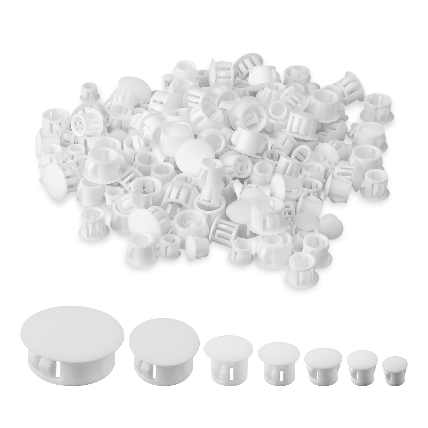 AIEX 300pcs 7 Sizes Cabinet Hole Plugs, 5mm/0.19'', 6mm/0.2'', 8mm/0.3'', 10mm/0.4'', 13mm/0.5'', 19mm/0.7'', 25mm/1'' Plastic Plugs Screw for Holes Furniture Plug (white), (B23049)