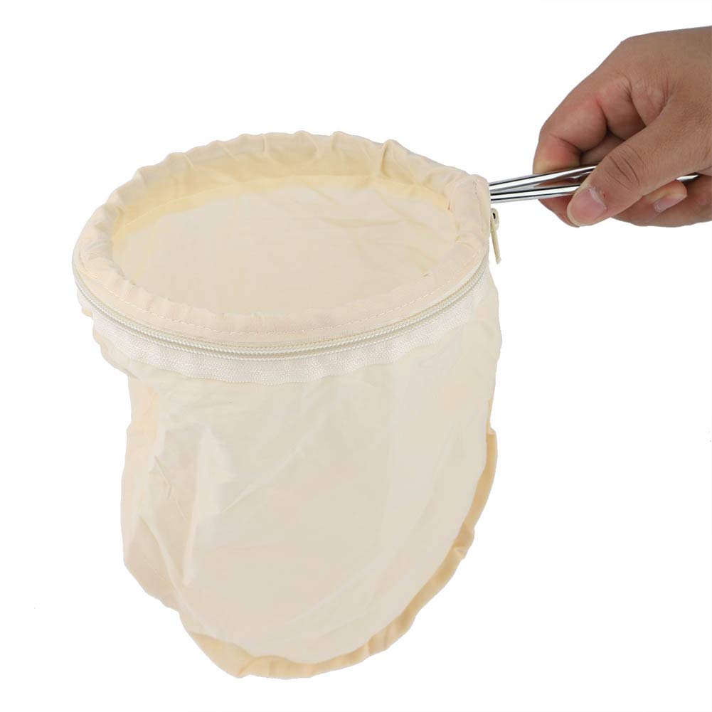 Zerodis Reusable Cotton Tea Filter Bag with Handle, Zipper Design, Stainless Steel Ring, 25*24cm, Beige