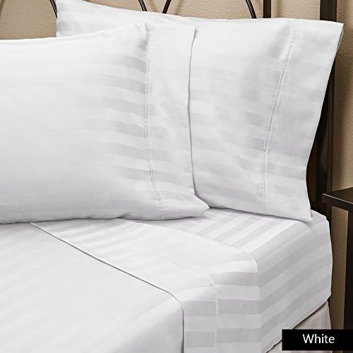 1100 Thread Count 4 Piece 100% Egyptian Cotton White Stripe Sheet Set in Queen Size Upto 30" Deep Pocket