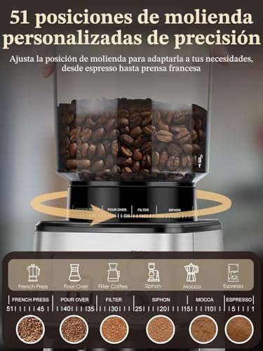 Homtone Electric Coffee Grinder with Conical Grinder – Coffee Mill with 51 Grinding Levels, Removable Holder, Container Included – for Espresso, Filter Coffee, Cold Brew (Acciaio Inox)