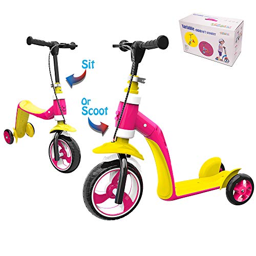 Verkstar Kick Scooter for Kids Toddlers Girls Boys, 2 in 1 Kids Scooter with Handbrake, Adjustable Handle, Extra-Wide Deck, The Latest Outdoor Toys for Kids Activities (Yellow & Pink)