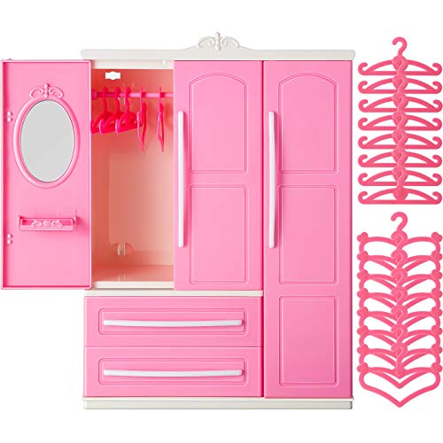 Doll Closet Furniture Wardrobe Clothing Organizer Doll Open Wardrobe Dollhouse Closet with 20 Pieces Hangers 2 Style Pink Plastic Hangers Dollhouse Furniture Accessories(Classic Style)