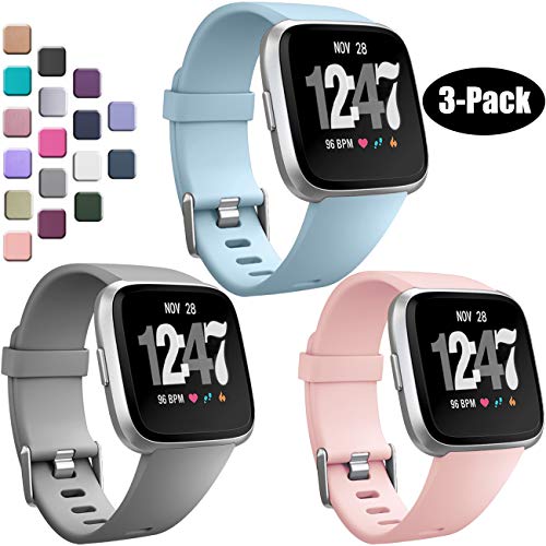Wepro Bands Compatible with Fitbit Versa/Fitbit Versa 2/Fitbit Versa Lite SE SmartWatch for Women Men, Sports Replacement Wristband Strap for Fitbit Versa Watch, Small, 3 Pack, Gray, Pink Sand, Aqua