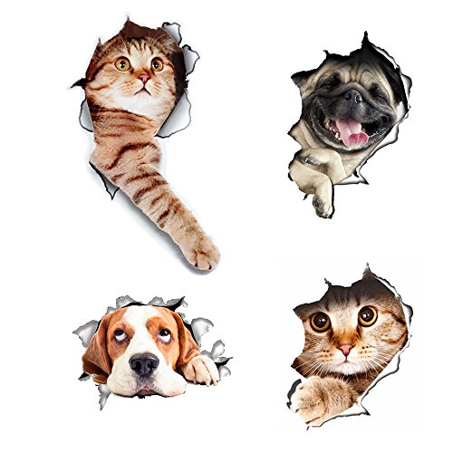 3D Cats Wall Decals Removable Toilet Lid Stickers Hole View Vivid Dogs Decals Art Sticker for Bathroom /Kids Room/ Refrigerator Decoration 4pcs（3D）