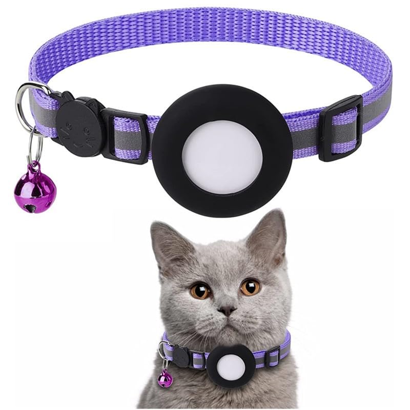 Refective Collar for Cat with Safety Buckle and Waterproof Air Tag Holder, Cat Airtag Collar, Cat Collar Compatible with Apple Airtag for Kitten Puppy EBLIN （21-34cm）Airtag Cat Collar (Q7-Purple)