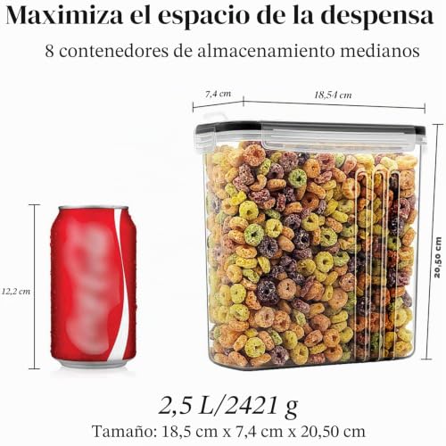 Wildone 8 x 2.5L Airtight Cereal Dry Food Containers for Sugar, Flour etc Black Leak Proof Lids
