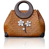 QTKJ Cute Hand-woven Straw Bag Boho Wooden Handle Handbag Women's Summer Beach Rattan Tote Travel Bag with White Flower (Gold)