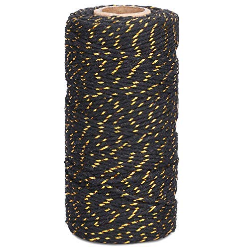 jijAcraft328Feet Twine String, 2mm Black Christmas Twine String with Gold Wire, Cotton Baker Twine, Christmas String, Heavy Duty Packaging String for DIY Crafts and Gift Wrapping