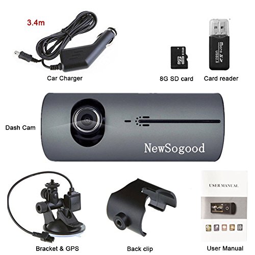 THINK SOGOOD Dual Lens Car Video Camera, 2.7’’ Dashboard Camera with 140° Front Wide Angle and 120° Rear Wide Angle, DVR Recorder with G-Senor, Loop Recording, GPS(8G TF Card Included)