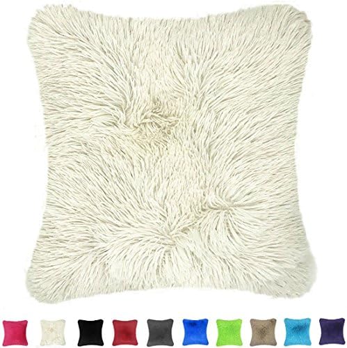 Throw it Super Silky Soft Faux Fur Square Throw Pillow Case Cover 18"x 18",Cozy Hand Feeling Fluffy Plush Fuzzy Cushion Case, Home Decor for Sofa Couch Chair Bed, Solid Ivory White