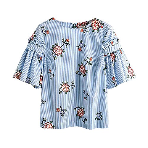 TIFENNY Ladies Half Sleeve Striped Floral Printed Blouse Casual Tops Loose T-Shirt (L, Blue)