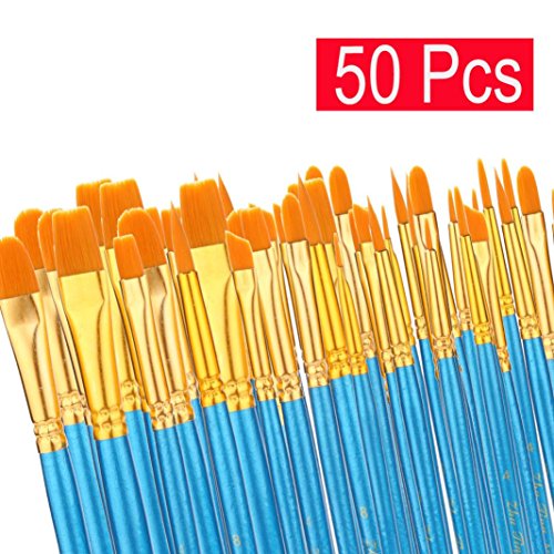 Tpingfe Acrylic Paint Brush Set, 5 Packs/50 Pcs Nylon Hair Brushes For All Purpose Oil Watercolor Painting Artist Professional Kits