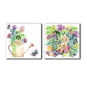 2 Panel Square Canvas Wall Art - Watercolor Style Colorful Cactus - Giclee Print Gallery Wrap Modern Home Art Ready to Hang - 12"x12" x 2 Panels