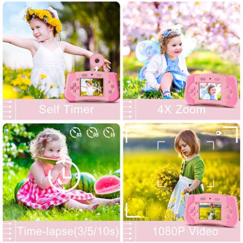 PROGRACE Kids Camera Portable Handheld Console Game for Toddler 4-12 Year Old Girls Boys Toy Gifts Children Camera for Kids Support 4000+ Games Music Selfie Kids Digital Video Camera 12M 2.4Inch(Pink)