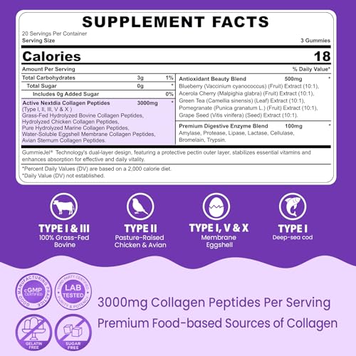 Collagen Gummies for Women & Men 3000mg, Hydrolyzed Collagen Peptides with Antioxidant Blend & Digestive Enzymes, Multi Collagen (Type I,II,III,V,X) for Anti-Aging, Hair, Skin, Nails, Sugar Free,60Cts