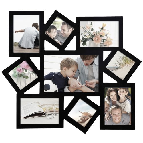 Adeco 9 Openings Decorative Black wood Wall hanging Collage Picture Linear Collage Picture Photo Frame - Made to Display Four 3x3, Two 3.5x5, Two 5x3.5, and One 5x7 photos