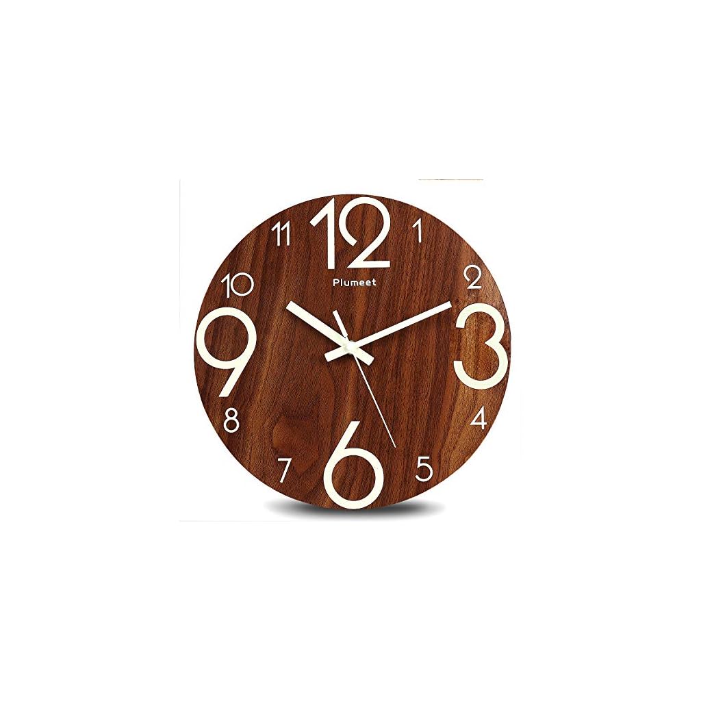Plumeet Luminous Wall Clock 12'' NonTicking Silent Wooden Clocks