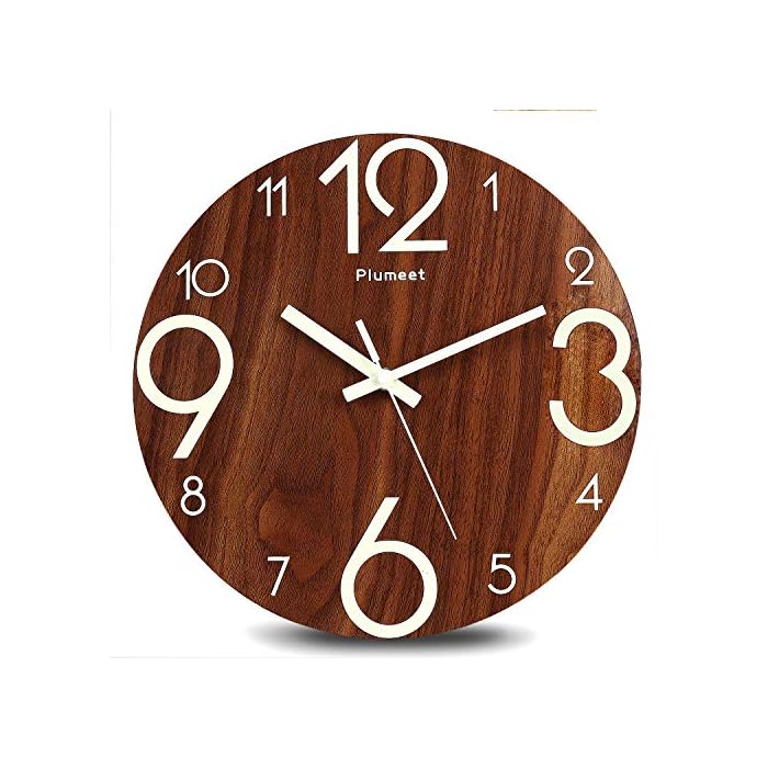 Plumeet Luminous Wall Clock 12'' NonTicking Silent Wooden Clocks