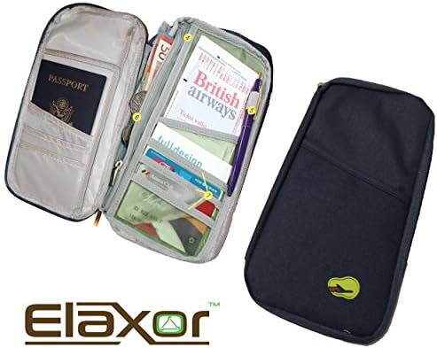 ElaxorTM Compact Waterproof Multi-Functional Zippered Passport, cards, cash and Travel Document Organizer Wallet Case (NAVY)