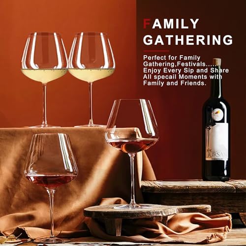 Yaschmo - Juego de 4 copas de vino tinto de 30 oz (887 ml), grandes copas de vino de cristal soplado a mano, copas de color burdeos súper grandes con tallo largo, ideales para cata de vinos, regalo