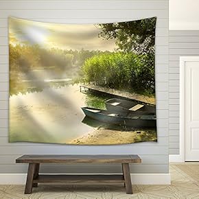 Boats Near Pier at Beautiful Summer Morning - Fabric Wall Tapestry Home Decor - 51x60 inches